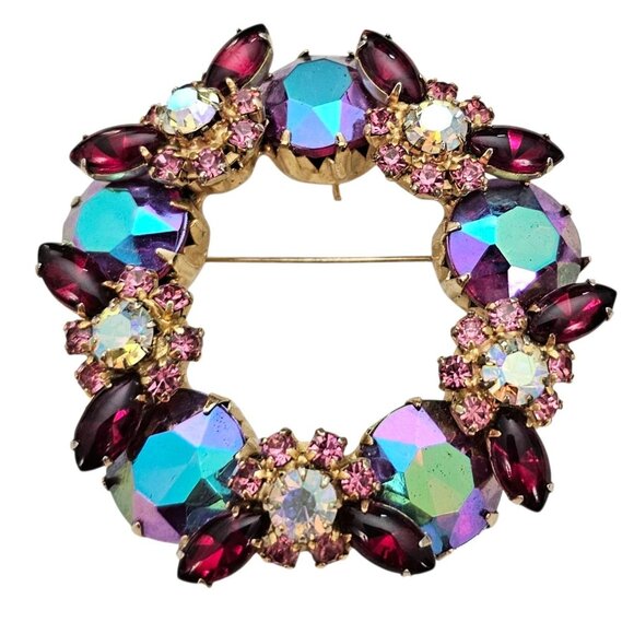 Red Pink Blue AB Rhinestone Stunning Open Round Chunky Cluster Brooch Pendant